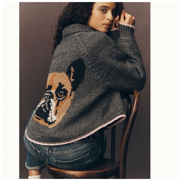NWT Anthropologie Pilcro Jesse Dog Icon French Bulldog Icon Cardigan , M Petite - Picture 1 of 10